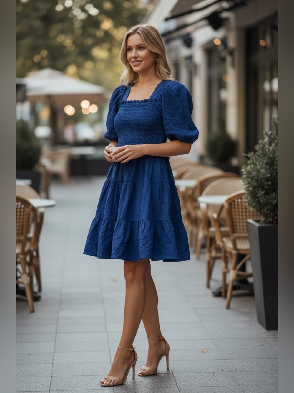 Sea New York Royal Blue Smocked Puff-Sleeve Tiered Mini Dress size M